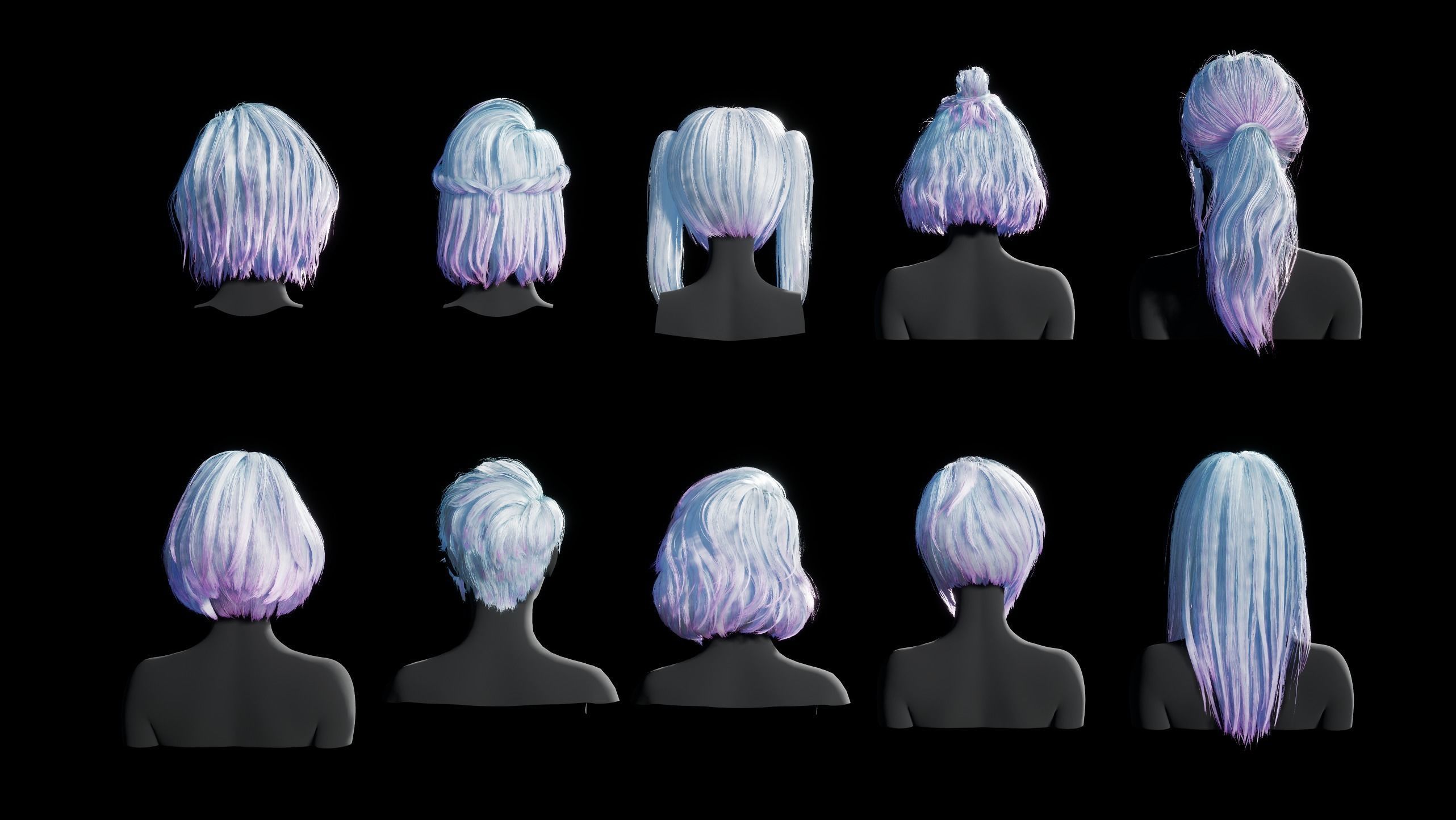 Hairstyle pack x10 pieces Real-Time cards Rigging Skining Low-poly 3D model_6