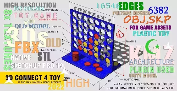 Connect 4 checkers board with coins Low-poly 3D model