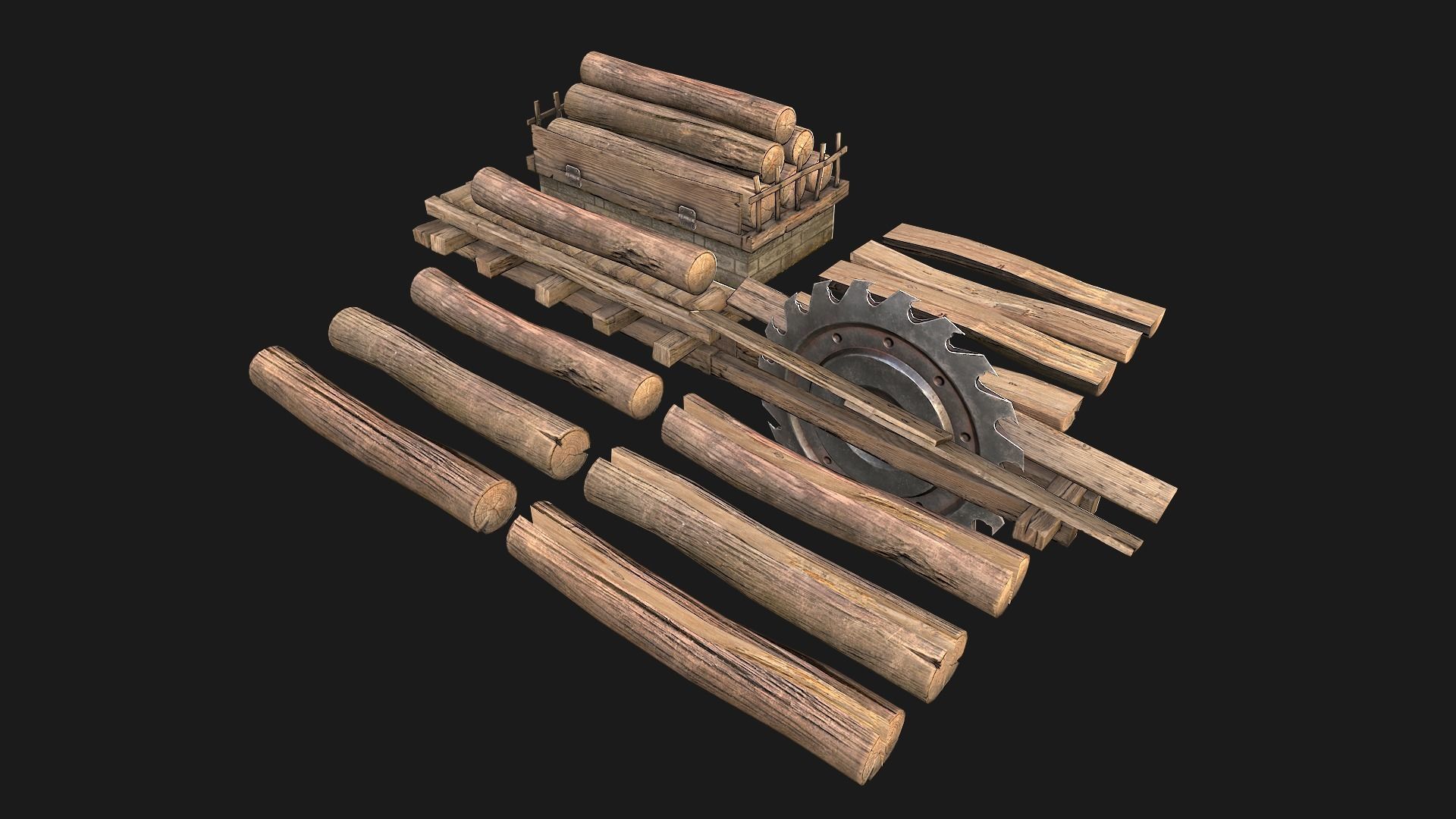 Sawmill Mechanism with Storage Low-poly 3D model_2