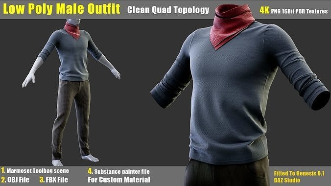 Low Poly Male Outfit 3D Model with PBR Textures Low-poly 3D model