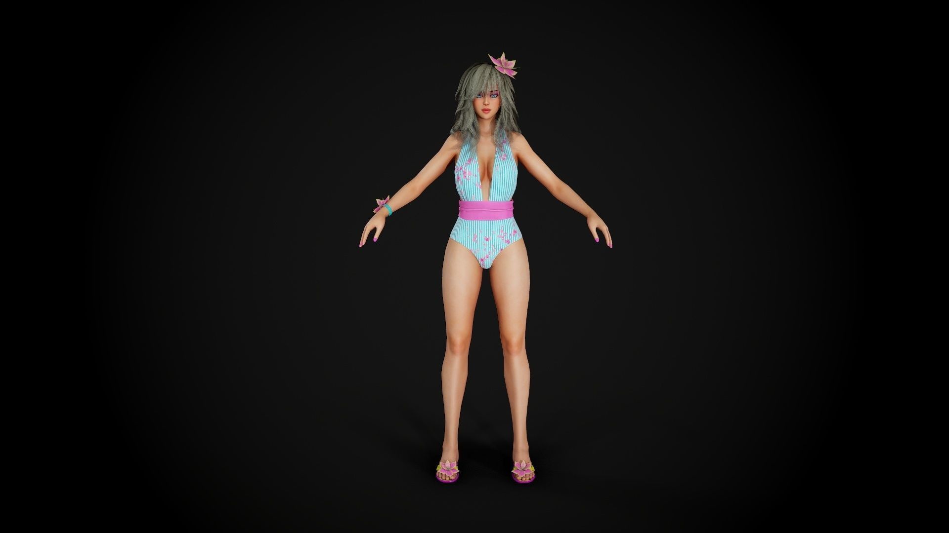 Summer Flower Beach Girl - Game Ready Low-poly 3D model_3