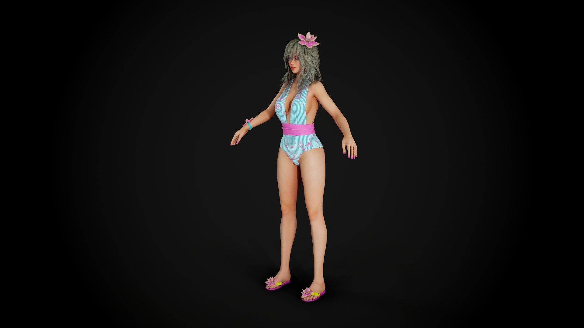 Summer Flower Beach Girl - Game Ready Low-poly 3D model_5