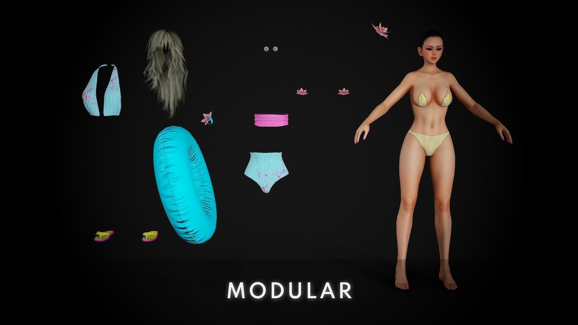 Summer Flower Beach Girl - Game Ready Low-poly 3D model_11