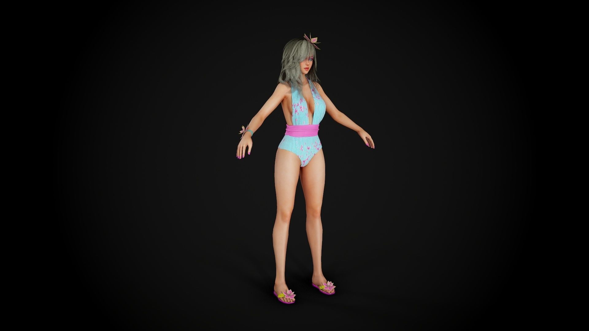 Summer Flower Beach Girl - Game Ready Low-poly 3D model_4