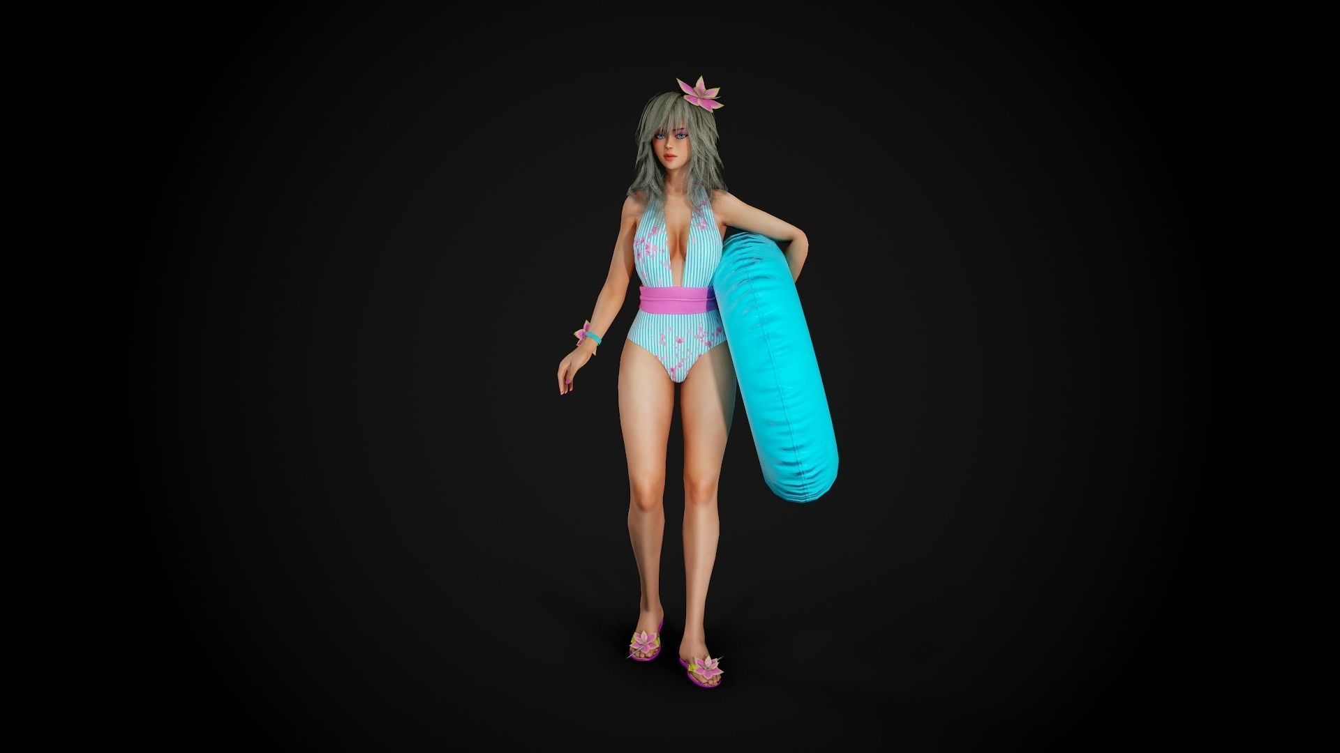 Summer Flower Beach Girl - Game Ready Low-poly 3D model_2