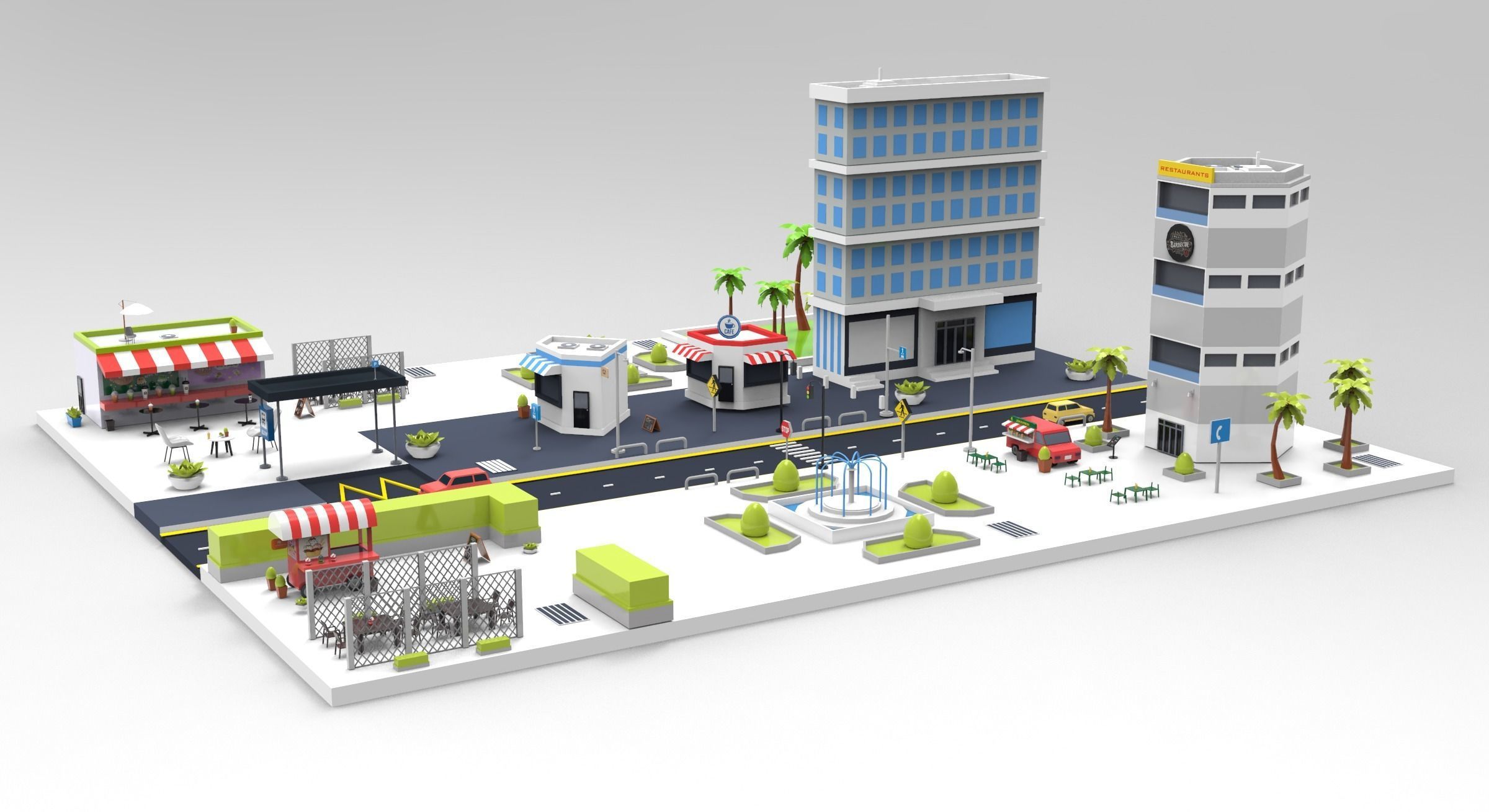 Cartoon City Restaurants And Coffee Low-poly 3D model_3