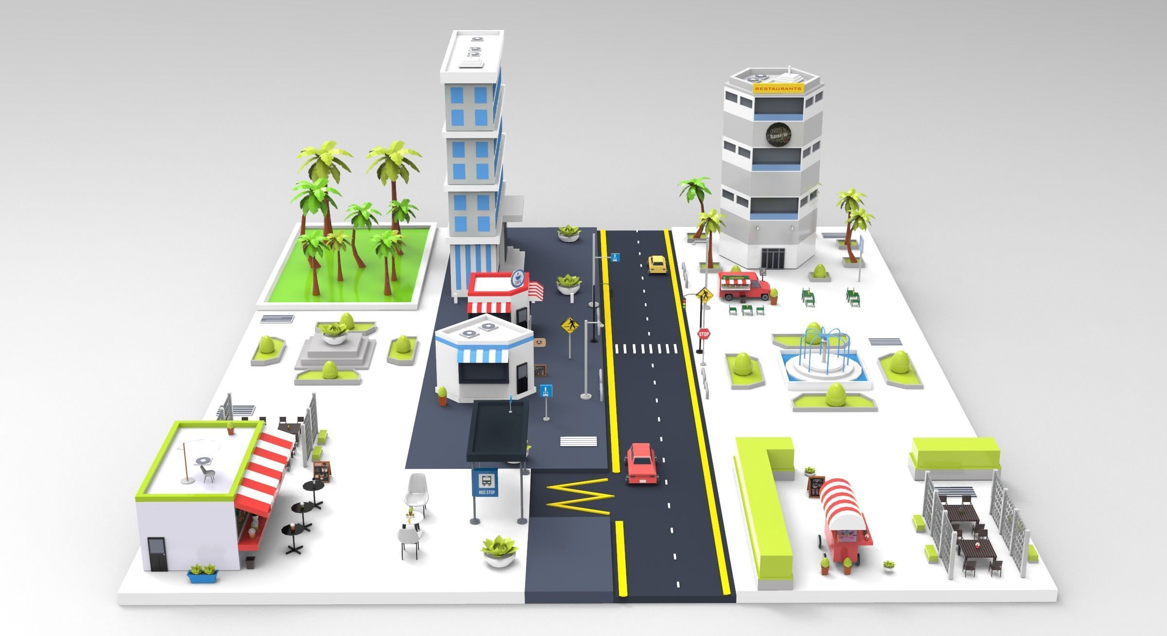 Cartoon City Restaurants And Coffee Low-poly 3D model_2