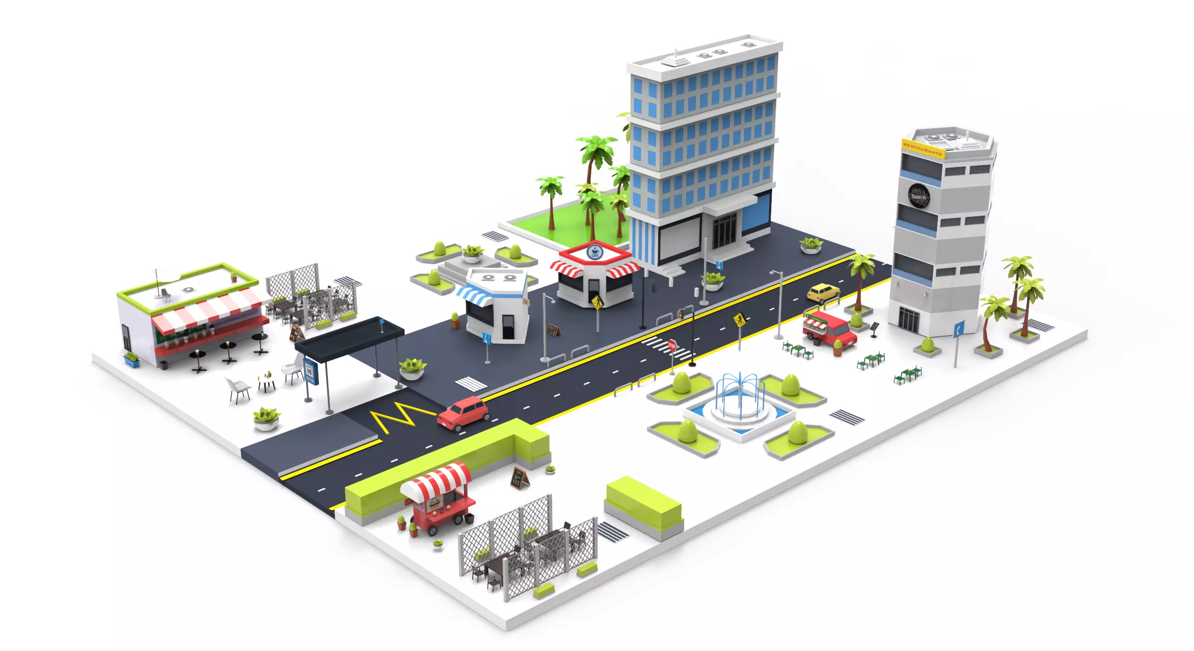 Cartoon City Restaurants And Coffee Low-poly 3D model_0