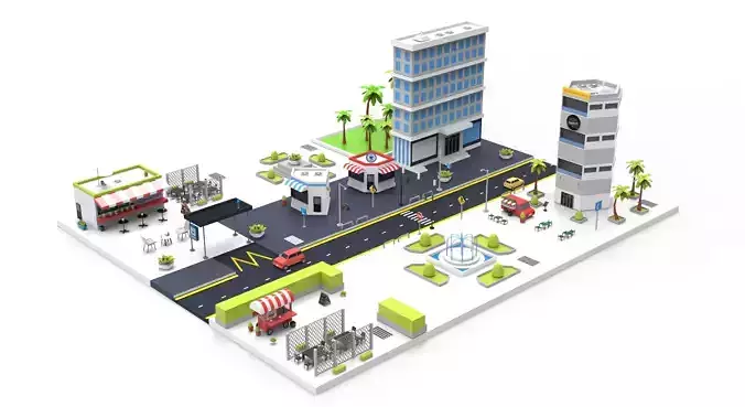 Cartoon City Restaurants And Coffee Low-poly 3D model