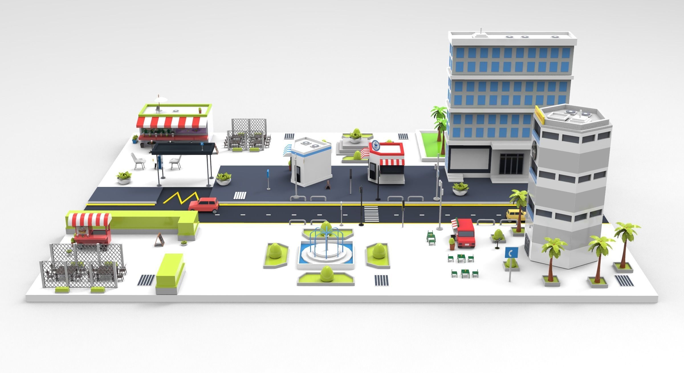 Cartoon City Restaurants And Coffee Low-poly 3D model_1