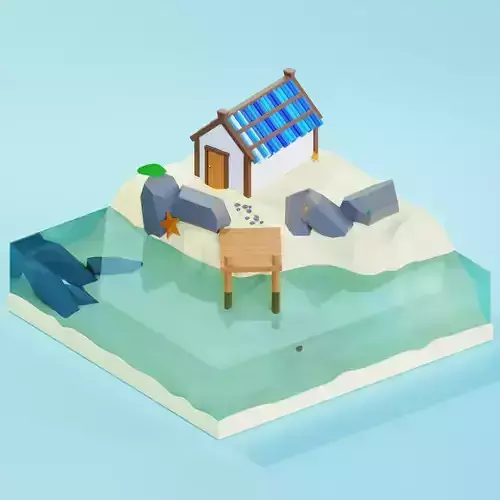 A house on the sand surrounded by water