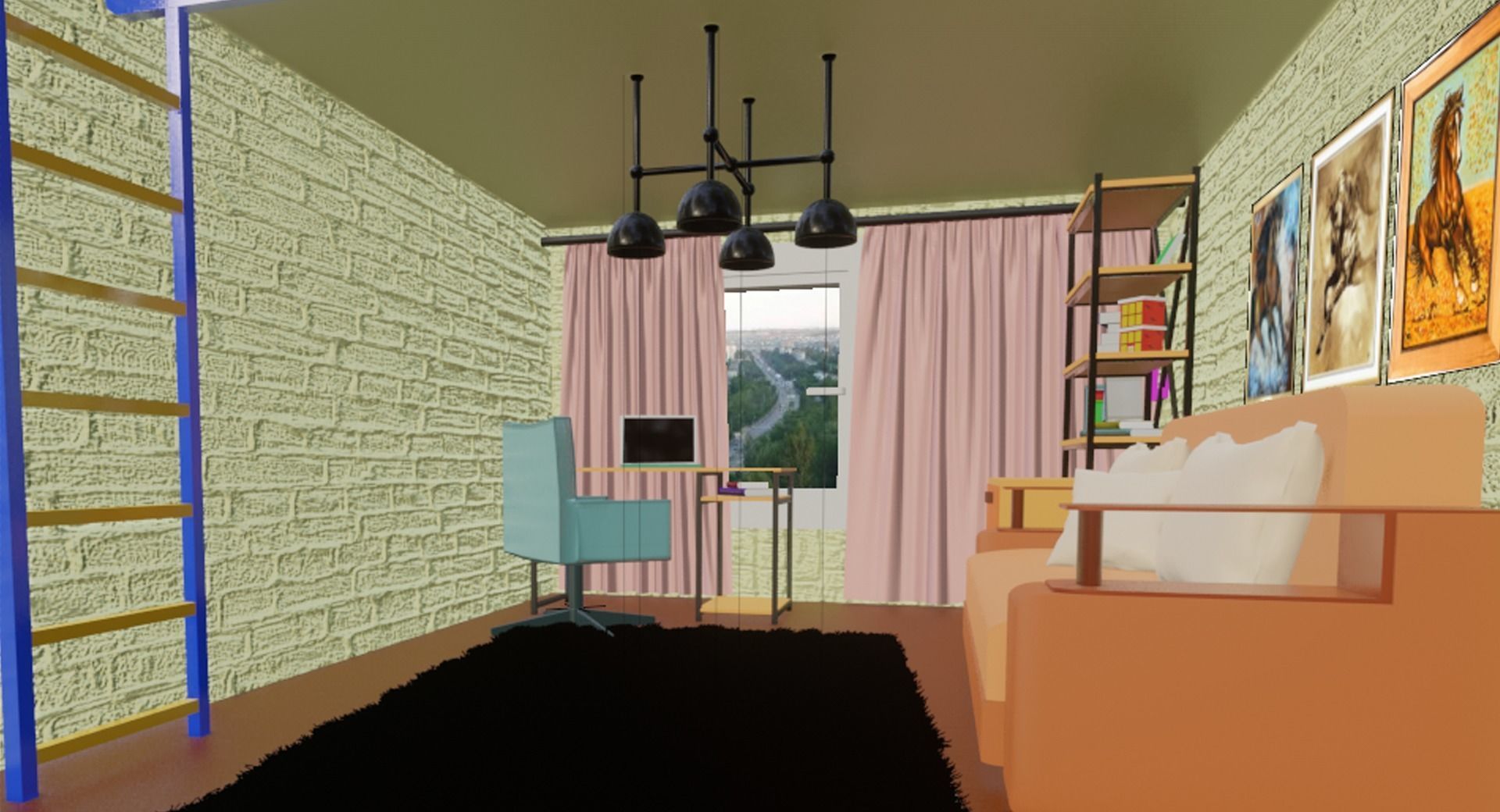 Small-room room with couch and bookshelf 3D model_1