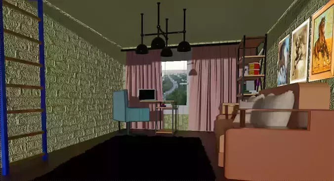 Small-room room with couch and bookshelf