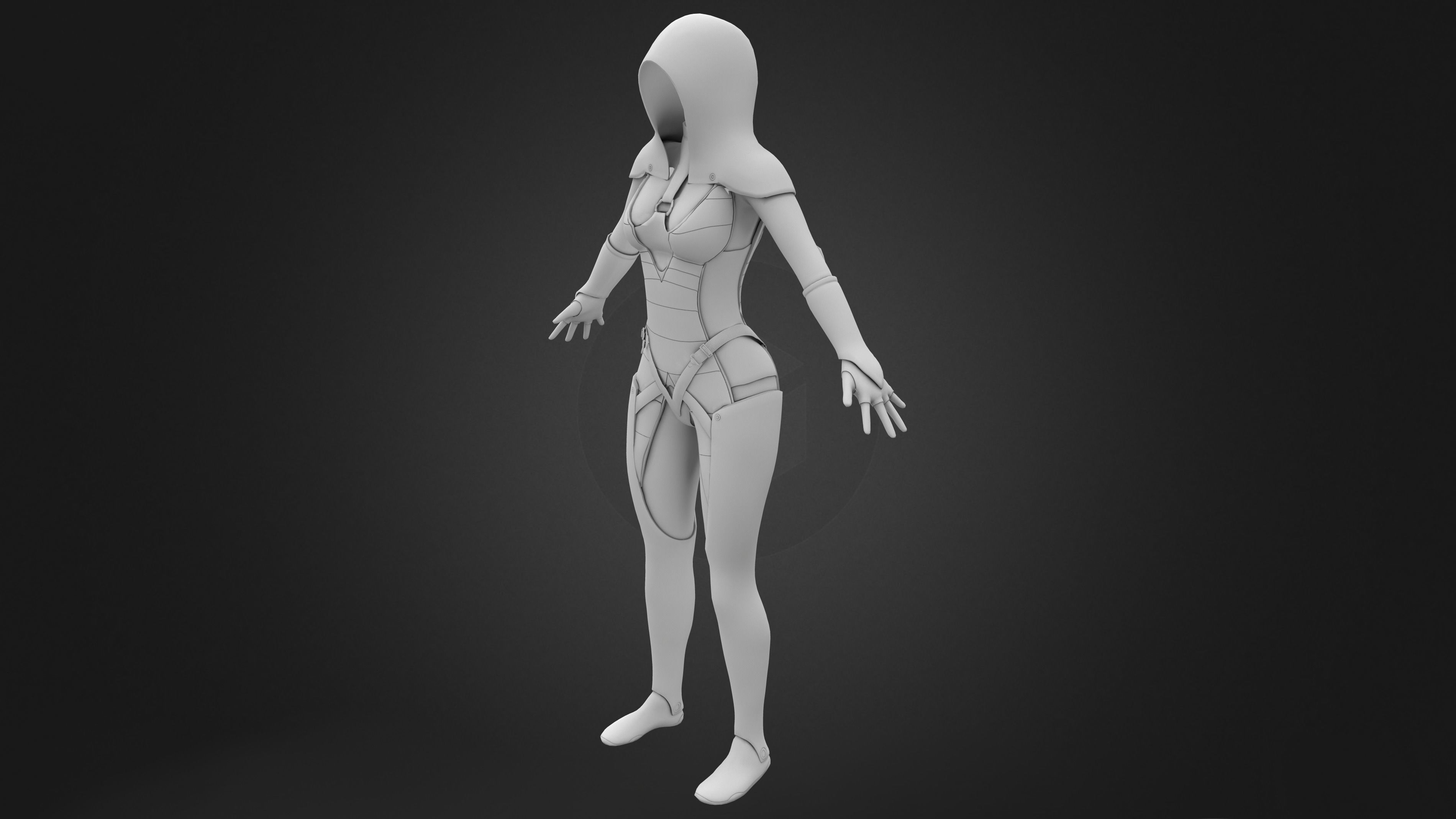 Hooded Full Body Dark Suit Dystopian Future Costume Low-poly 3D model_9