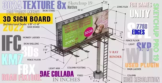 Billboard 1 with ladder Low-poly 3D model