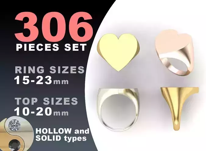 Signet rings set HEART top 3D print model