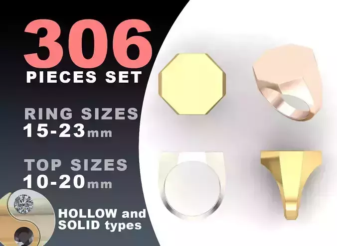 Signet rings set OCTAGON top 3D print model