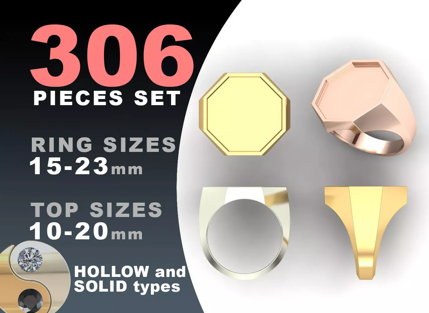 Signet rings set OCTAGON top 3D print model_0