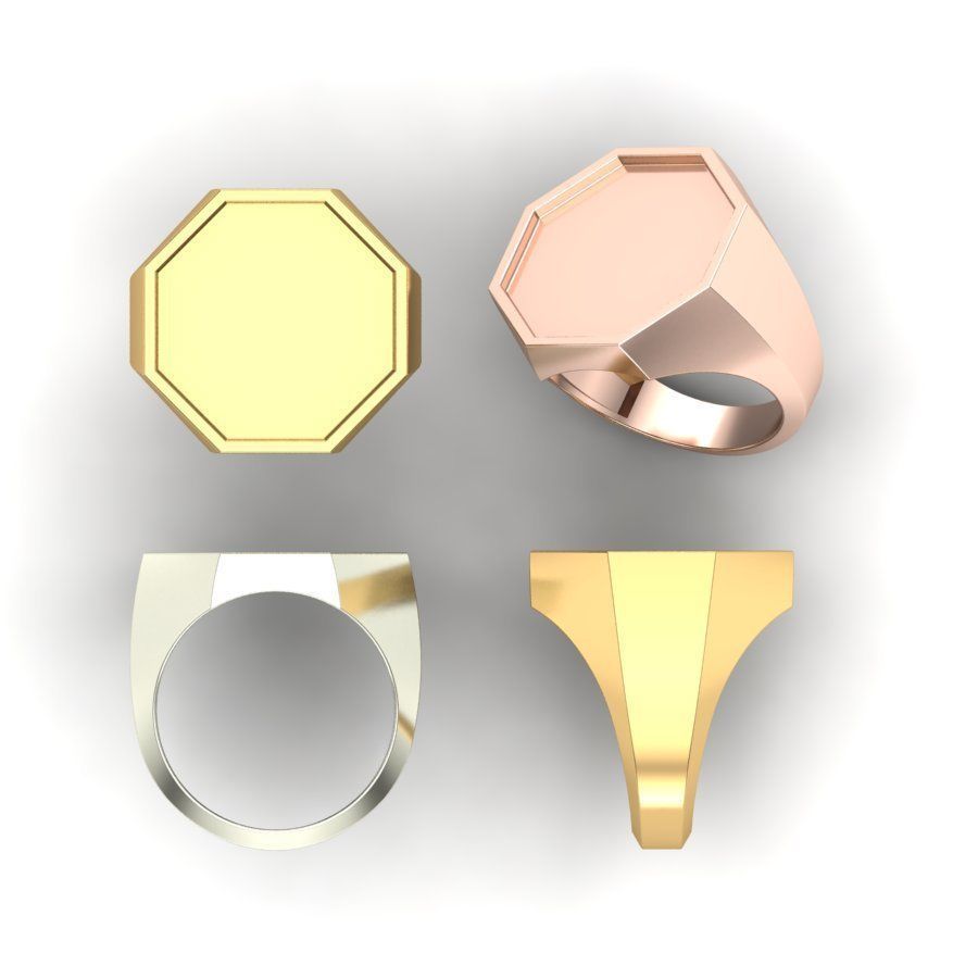 Signet rings set OCTAGON top 3D print model_7