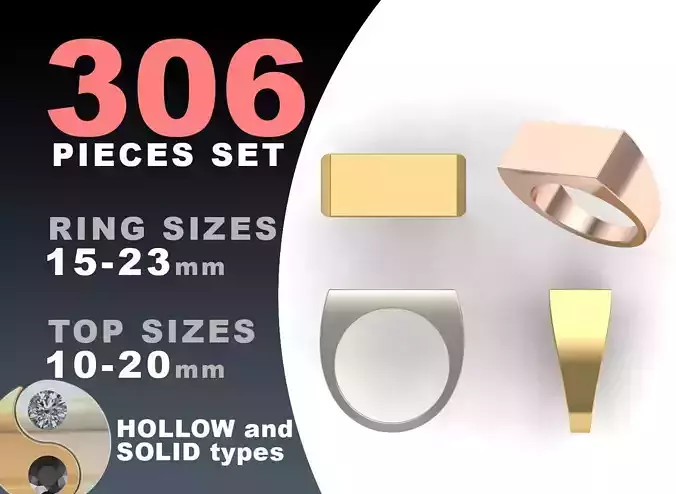 Signet rings set RECTANGLE top 3D print model