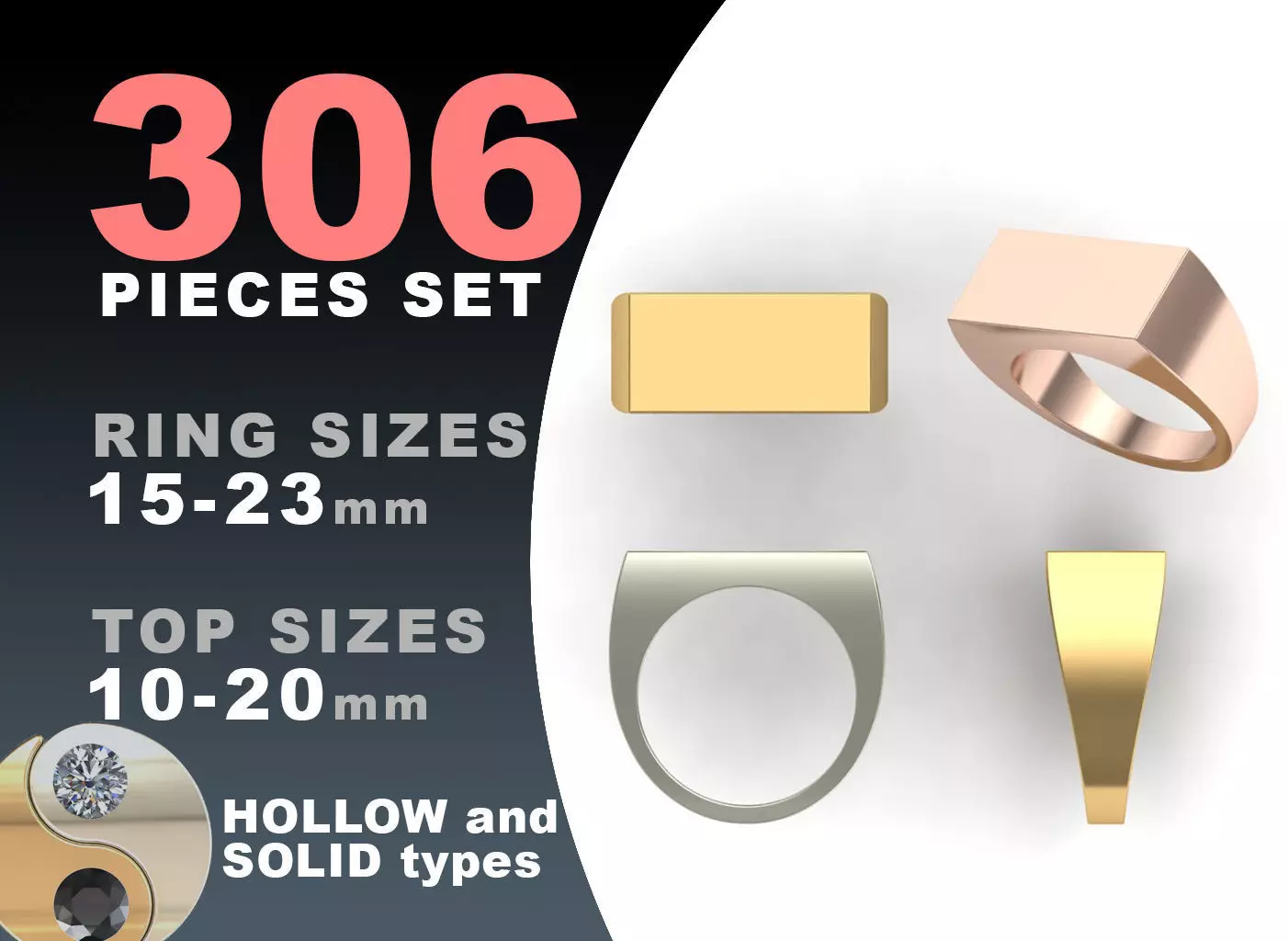 Signet rings set RECTANGLE top 3D print model_0
