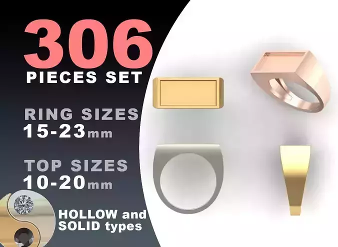Signet rings set RECTANGLE top 3D print model