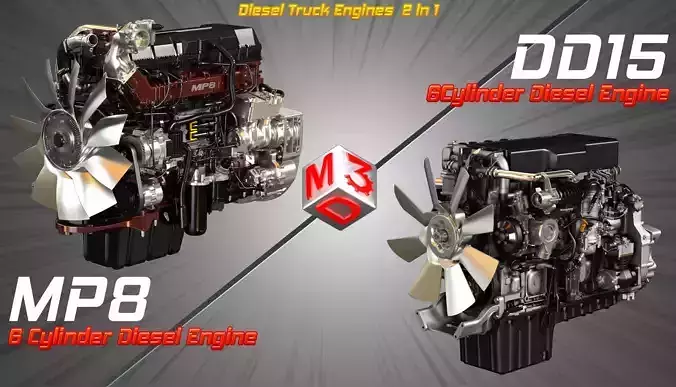 MP8 - DD15 Engines - 6Cylinder Truck Diesel Engines  2 in 1 3D Model Collection