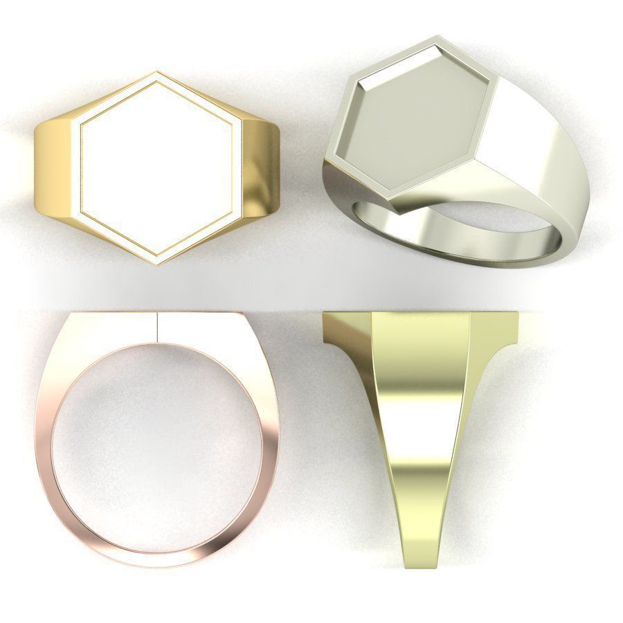 Signet rings set HEXAGON top 3D print model_3