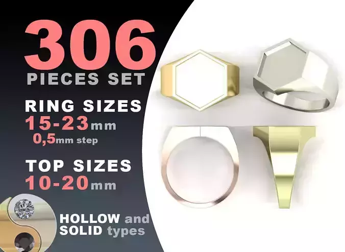 Signet rings set HEXAGON top 3D print model