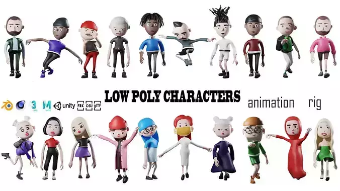 Low poly cartoon characters 1 01 pack 3d model