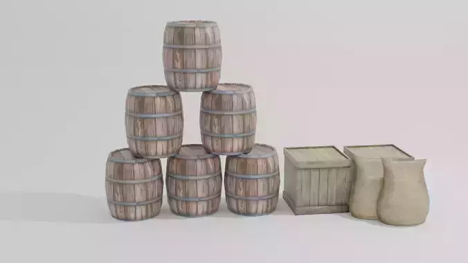 Barrel Box and Sack Low Poly Pack