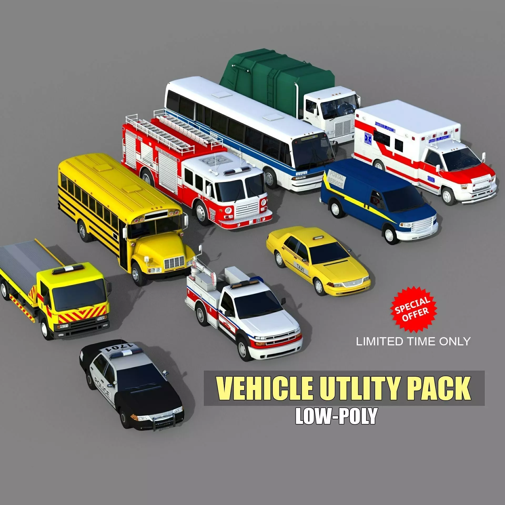 Utility Vehicles Pack High Quality Low-poly 3D model_0