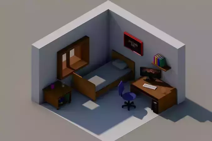 Room-isometry room with bed and desk