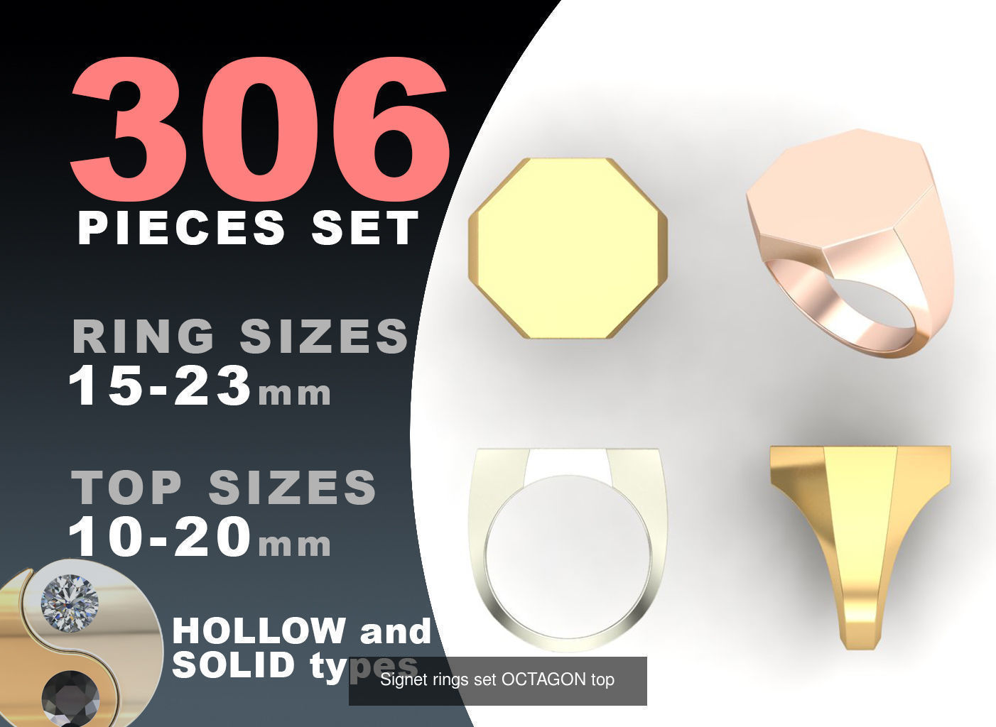 Signet rings set 10 shapes 3060 pieses MEGA pack 3D Model Collection_9