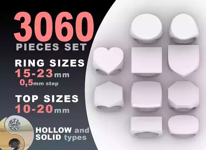 Signet rings set 10 shapes 3060 pieses MEGA pack 3D Model Collection