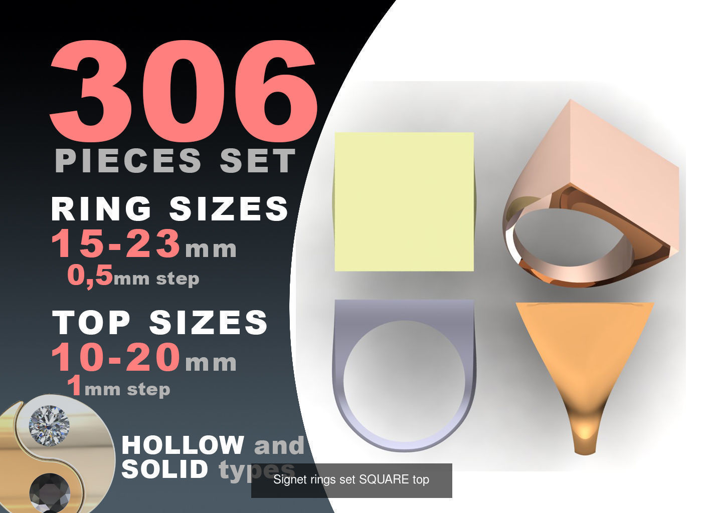 Signet rings set 10 shapes 3060 pieses MEGA pack 3D Model Collection_3