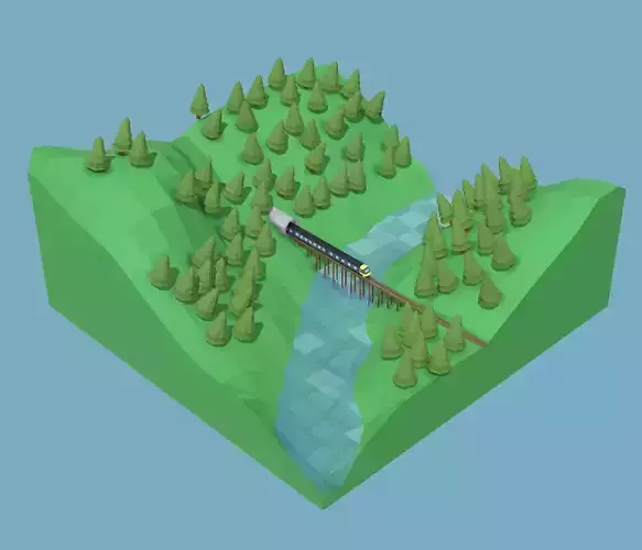Train On Bridge Low Poly Scene