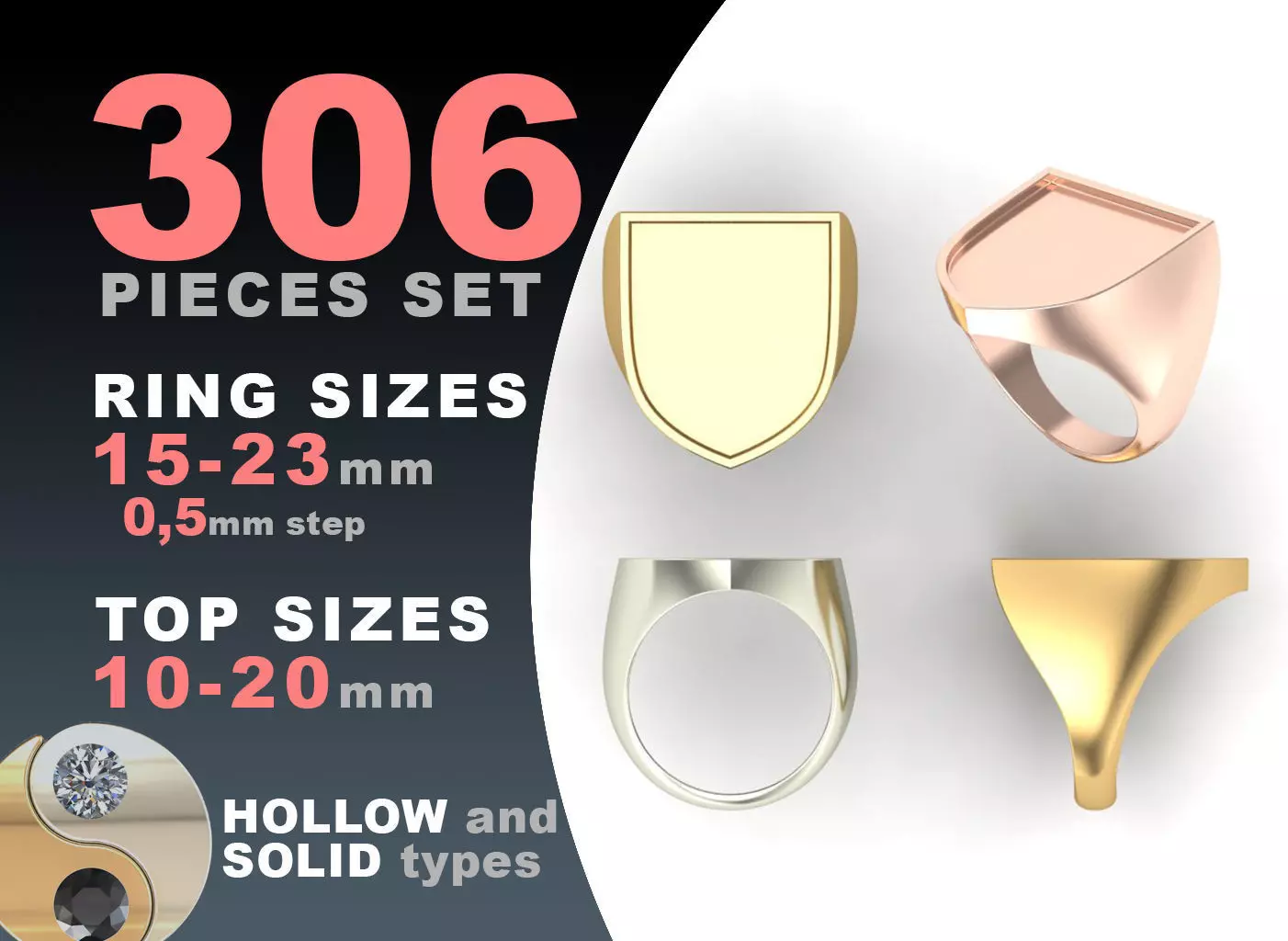 Signet rings set HERALDIC SHIELD top 3D print model_0