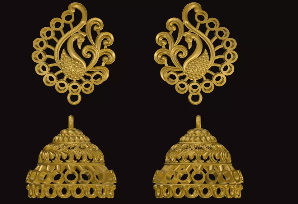 jumka gold plated peacock earrings 3D print model_0