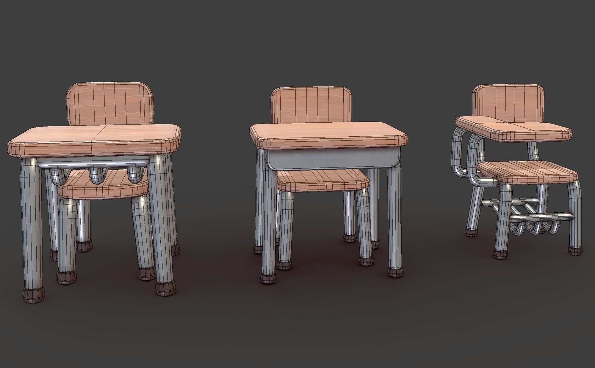 Cartoon School Desk Low-poly 3D model_2