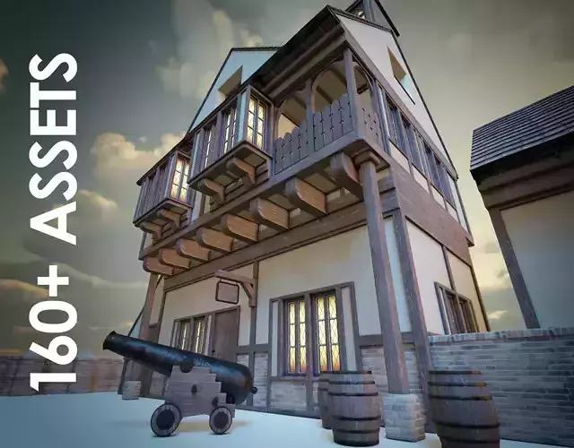 Medieval Town House with over 160 piece Modular Asset Kit Low-poly 3D model