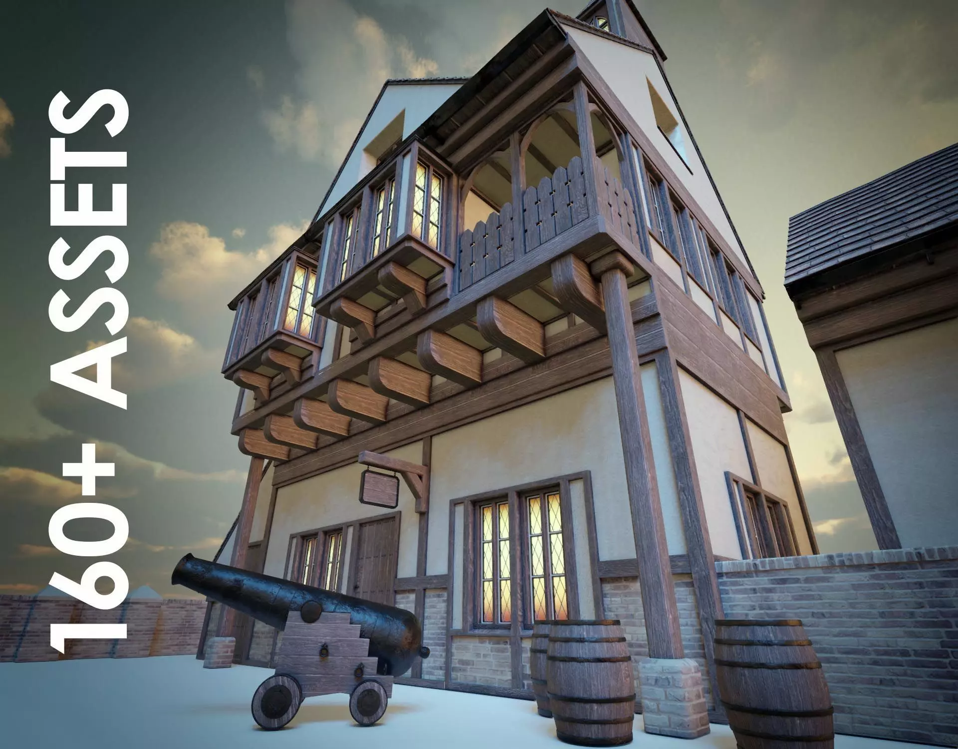 Medieval Town House with over 160 piece Modular Asset Kit Low-poly 3D model_0