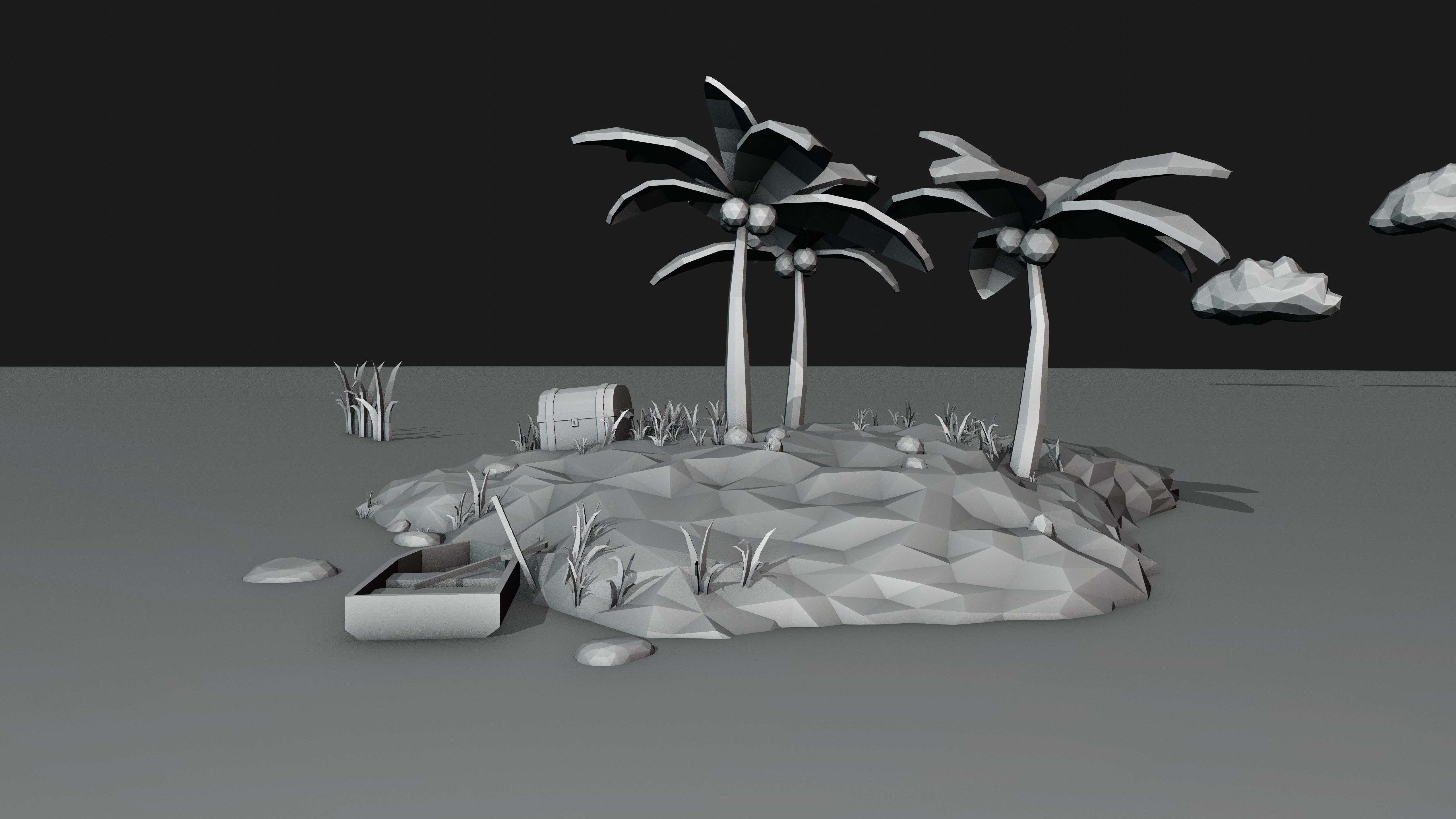 Low Poly Island with palm trees and boat 3D model_8