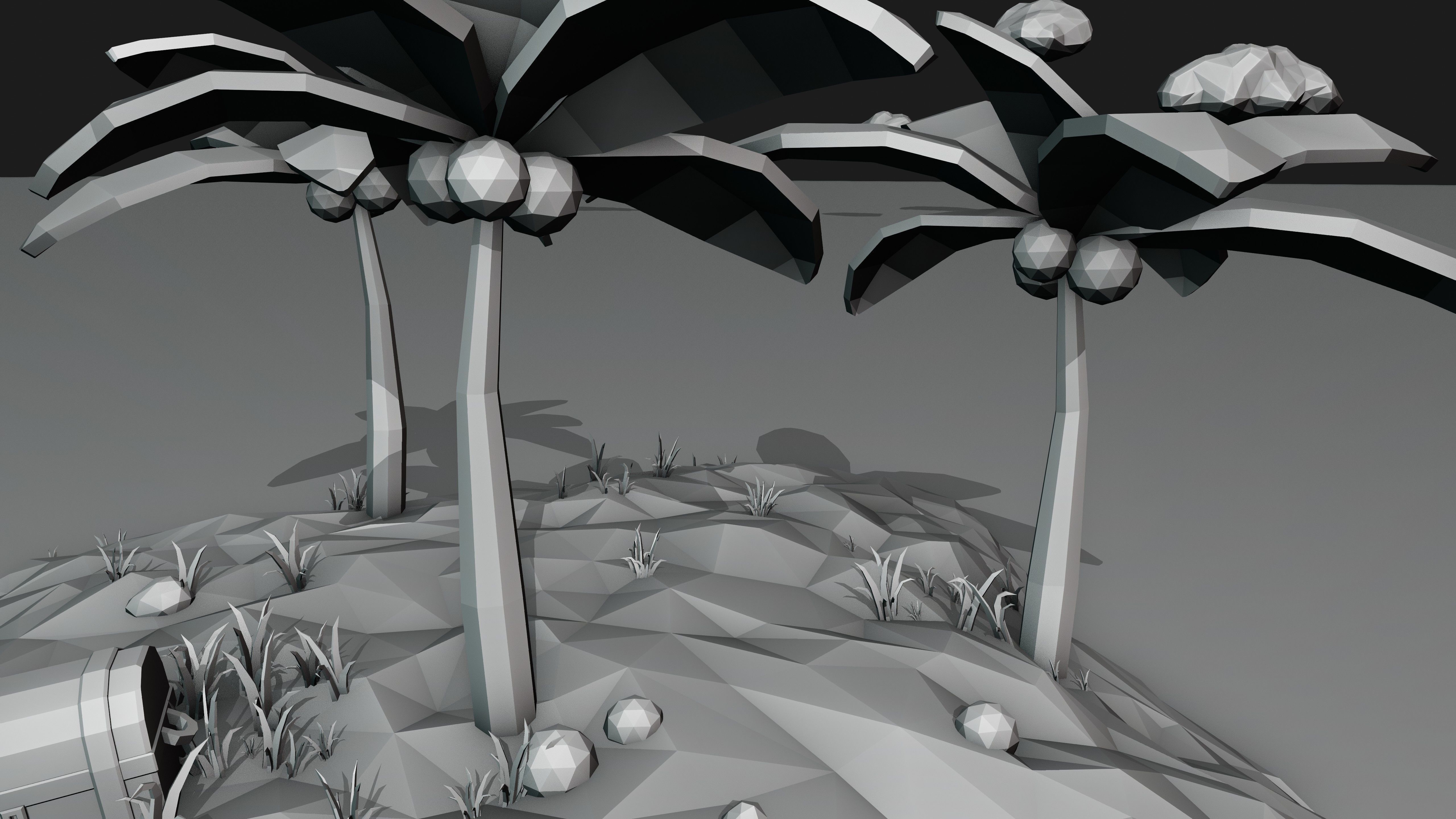 Low Poly Island with palm trees and boat 3D model_13