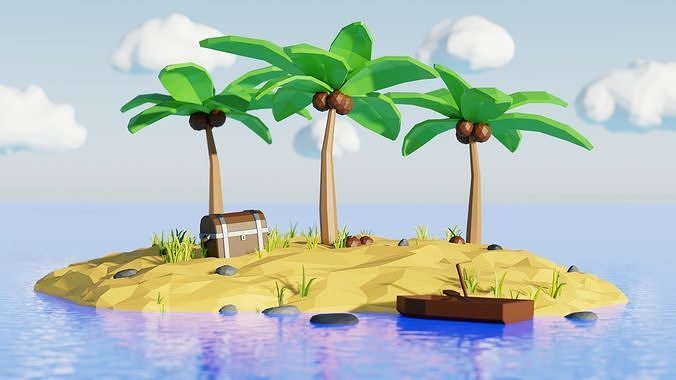 Low Poly Island with palm trees and boat 3D model