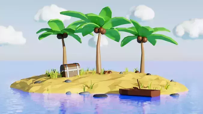 Low Poly Island with palm trees and boat