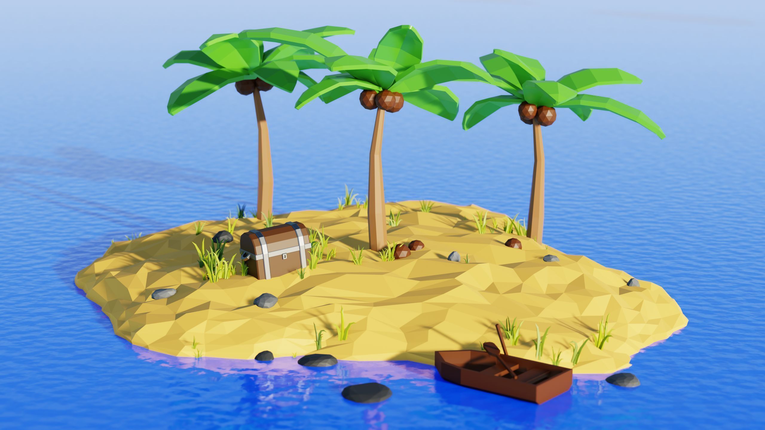 Low Poly Island with palm trees and boat 3D model_3