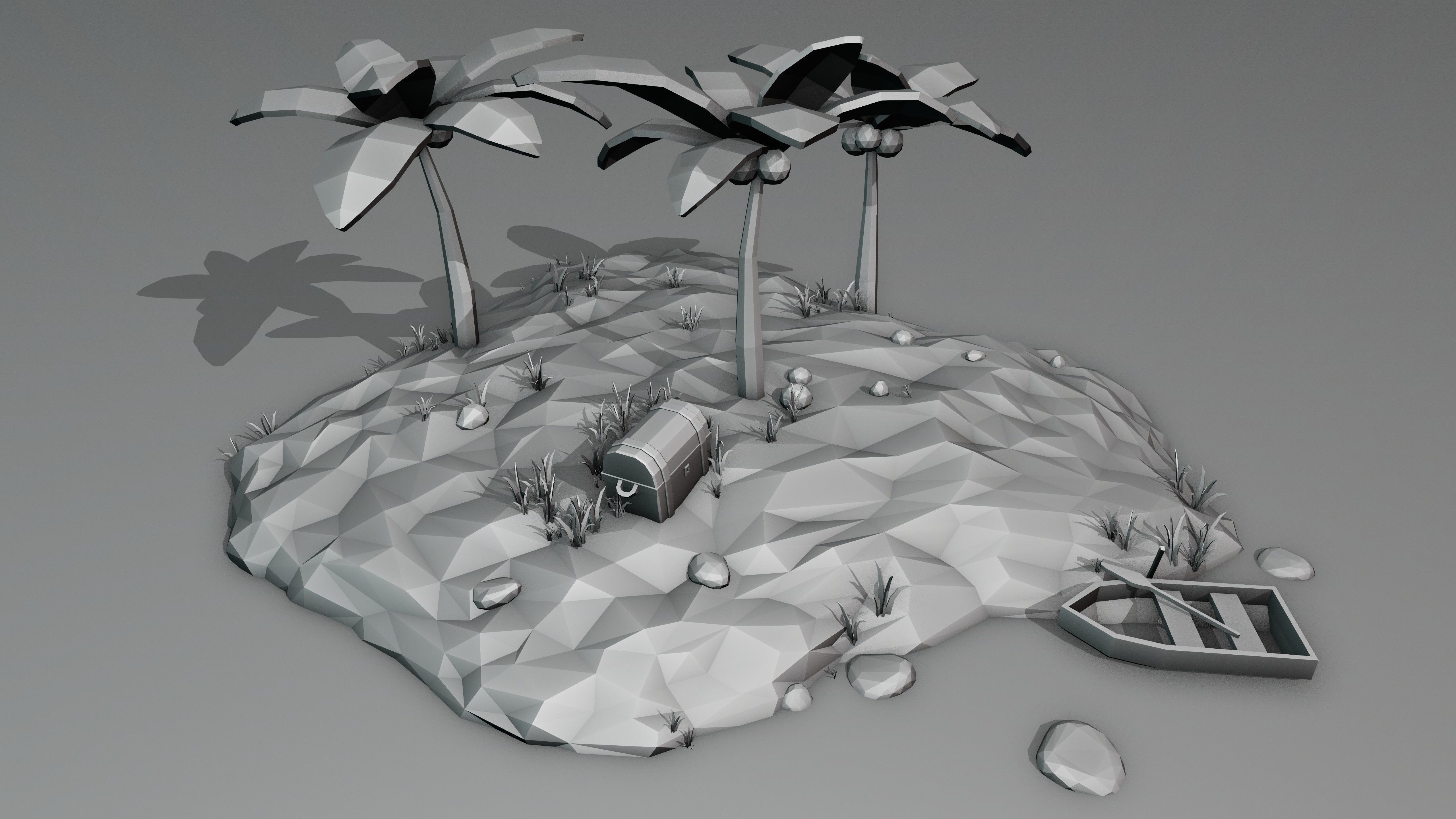 Low Poly Island with palm trees and boat 3D model_11