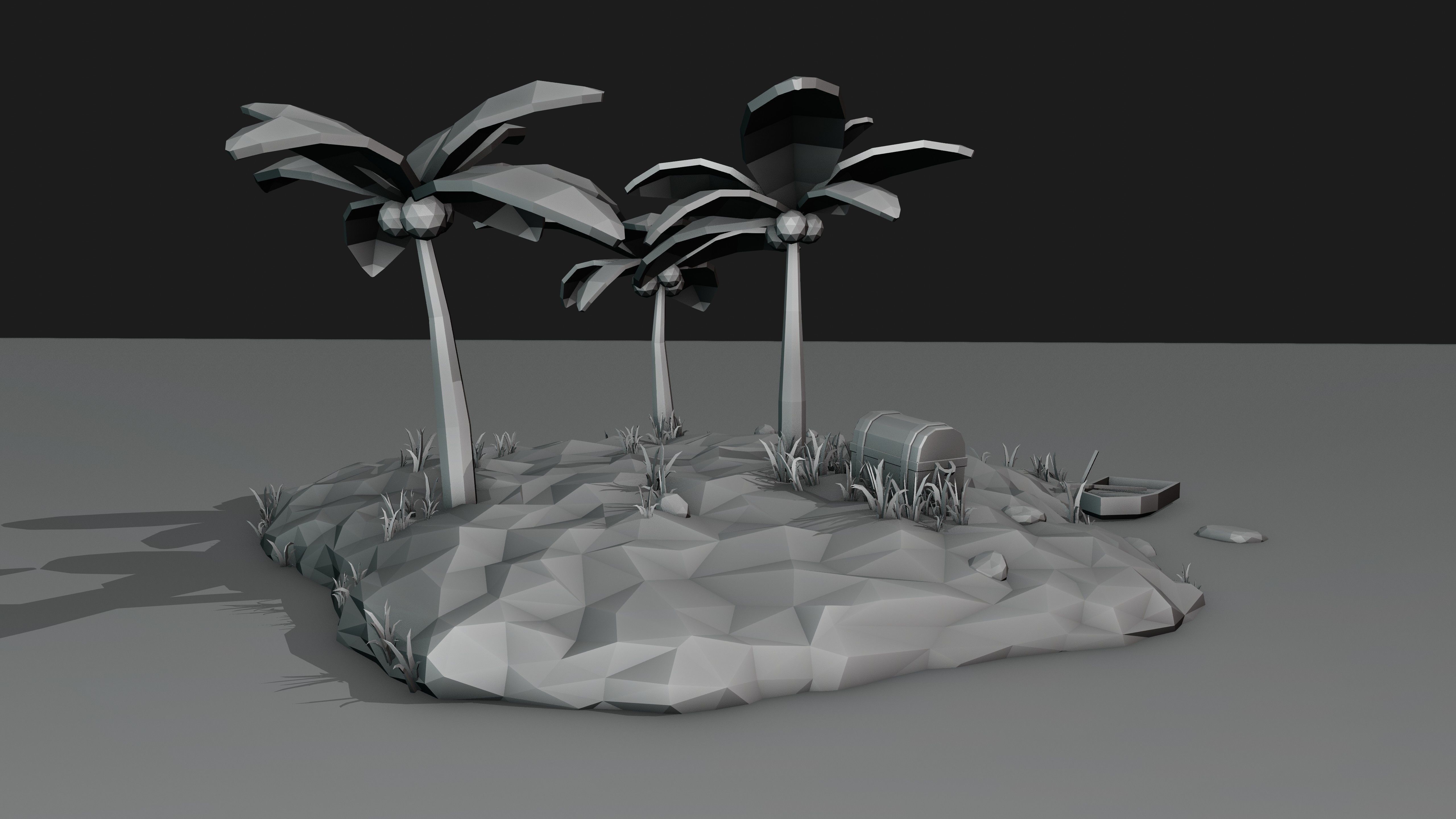 Low Poly Island with palm trees and boat 3D model_12