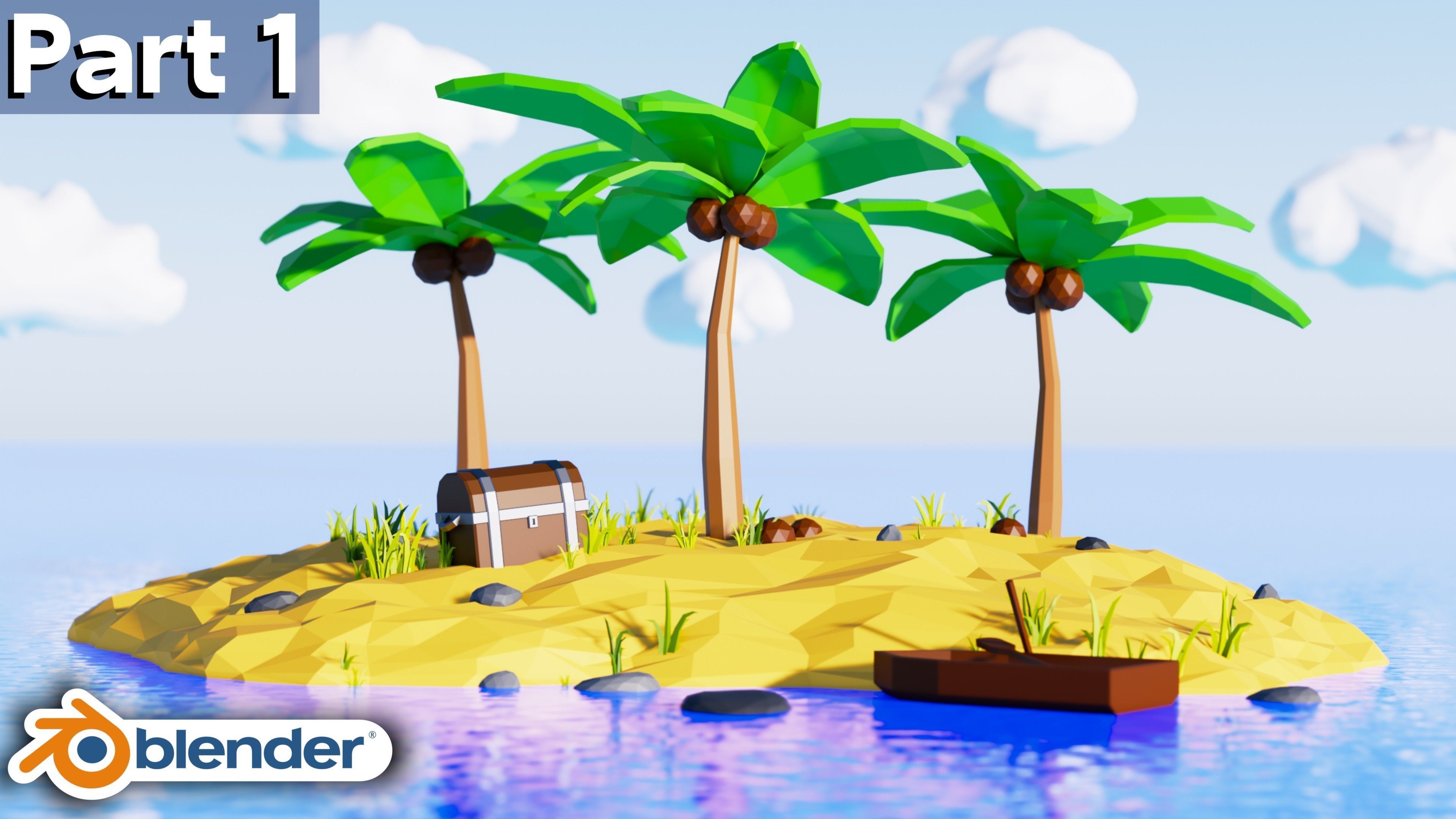 Low Poly Island with palm trees and boat 3D model_7